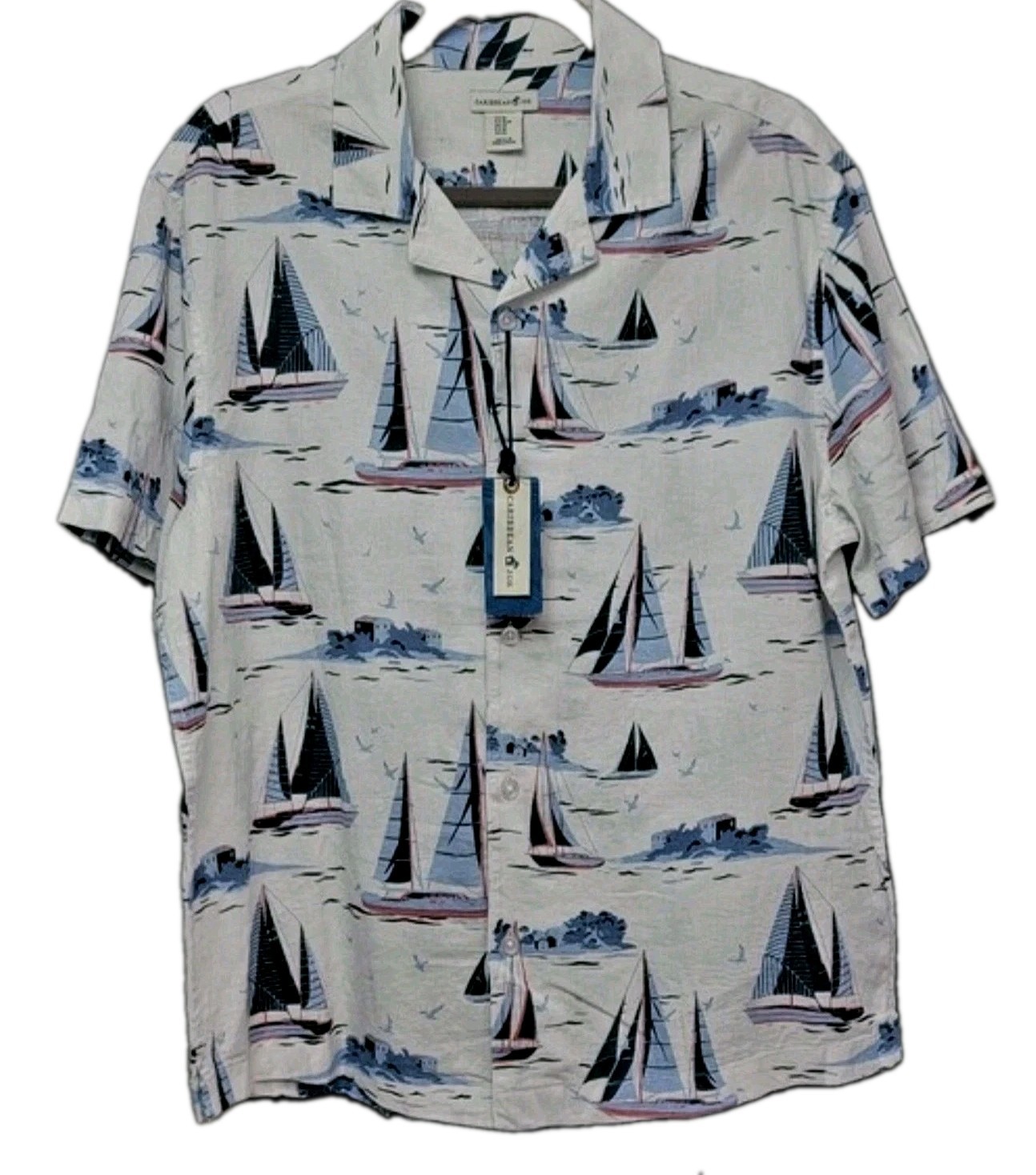 CARIBBEAN JOE Linen Blend Camp Shirt Sailing Sailboat Mens Medium NWT CARIBBEAN JOE Linen Blend Camp Shirt Sailing Sailboat Mens Medium NWT