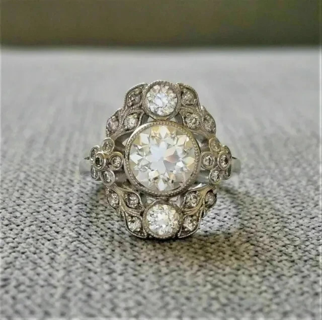 Antique Engagement Ring 14K White Gold Plated 3 Ct Round Cut Lab Created Diamond