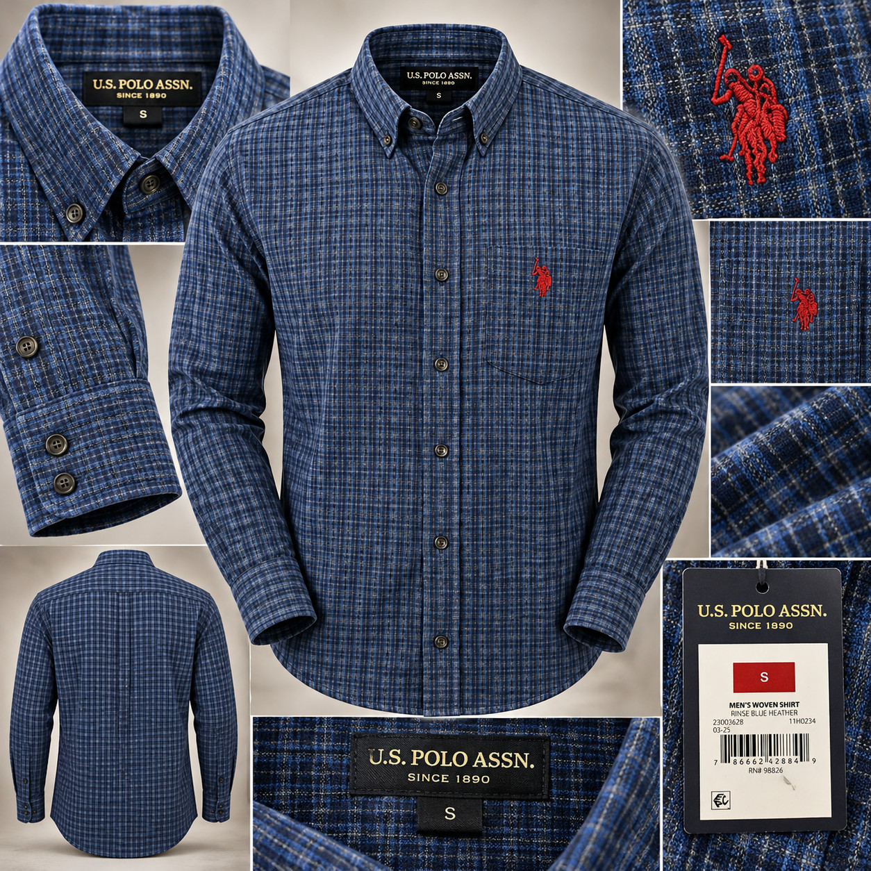 U.S. Polo Assn Mens S Plaid Button Down Shirt Blue Black Long Sleeve EZ Wicking