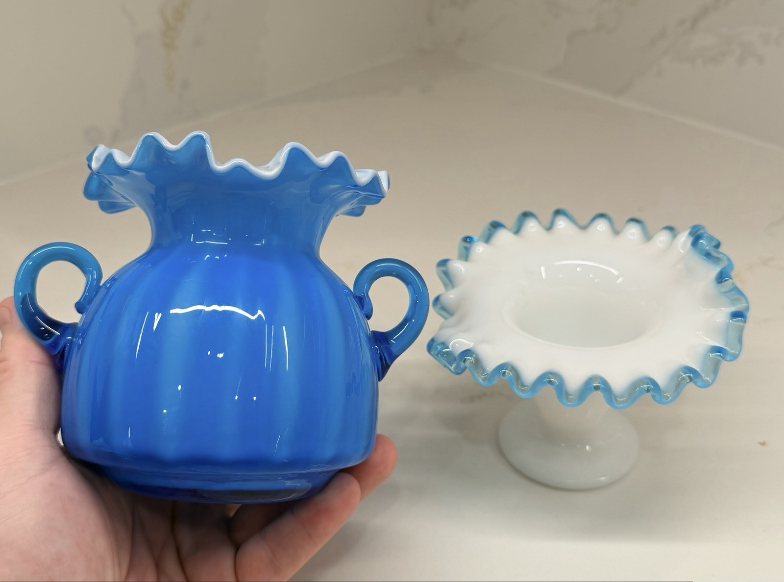 Vtg Fenton Blue Crest Milk Glass Lot Ruffled Compote Ribbon Optic Vase