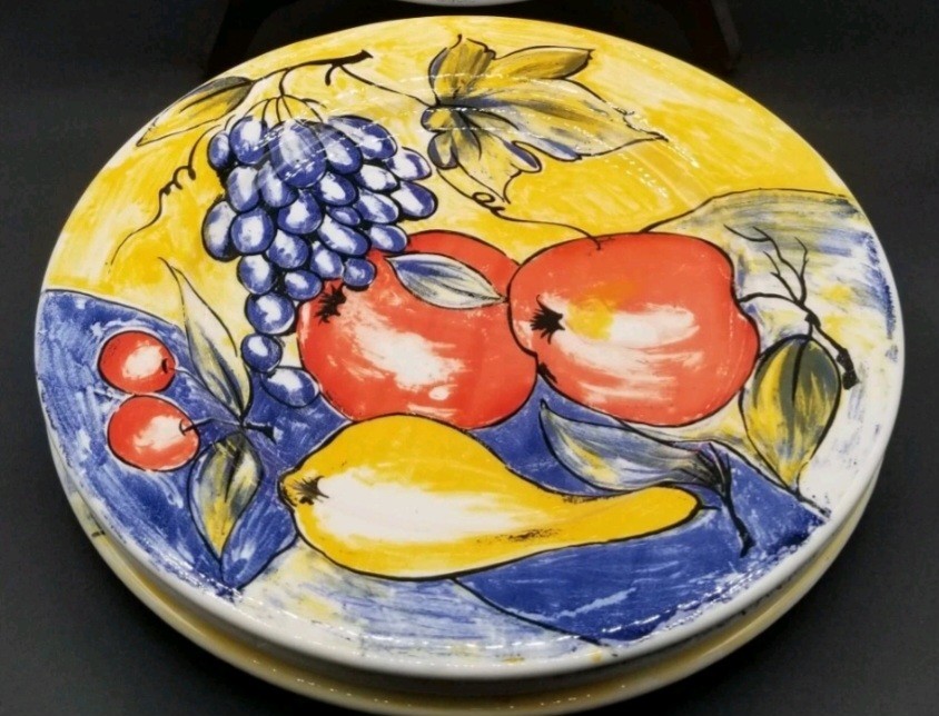 Set of 2 Pier 1 Italy Hand Painted Grapes Apples Pears on Blue & Yellow UNUSED Set of 2 Pier 1 Italy Hand Painted Grapes Apples Pears on Blue & Yellow UNUSED