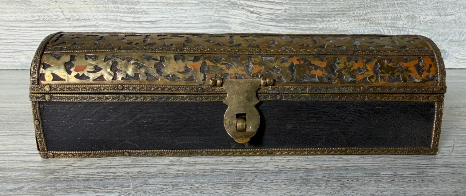 Vintage Islamic Ottoman Wood & Brass Qalamdan Indian Trinket Box 7” x 2\ Vintage Islamic Ottoman Wood & Brass Qalamdan Indian Trinket Box 7” x 2\