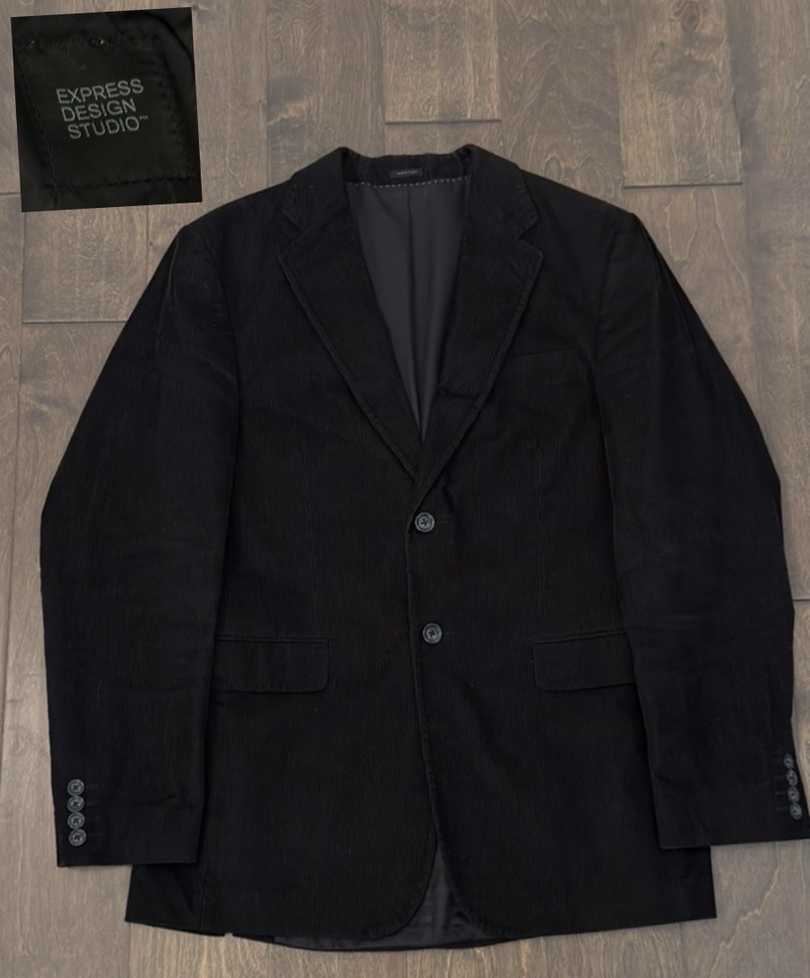 Express Design Studio Mens Black Cotton Stretch Corduroy Blazer Jacket Size 38R