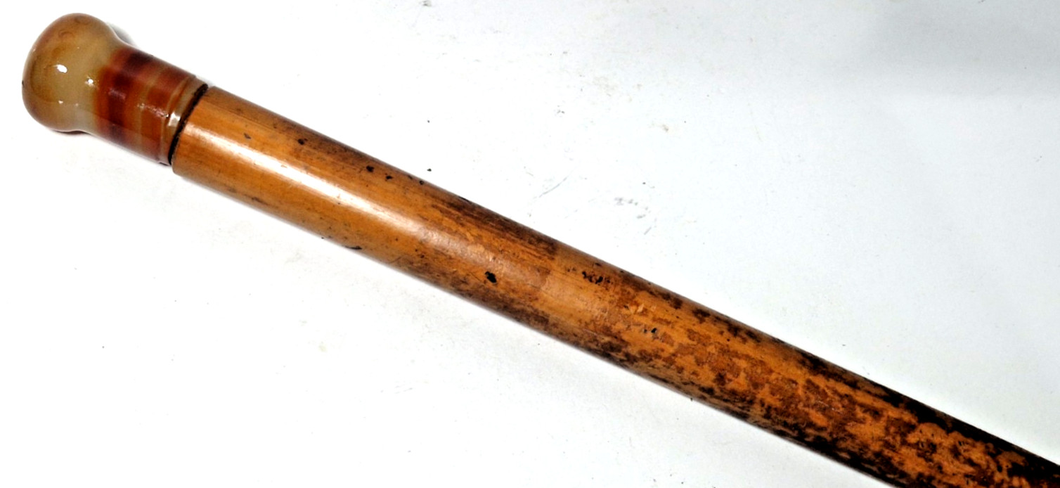 ANTIQUE MALACCA WALKING STICK CANE BANDED AGATE POMMEL 32.5\