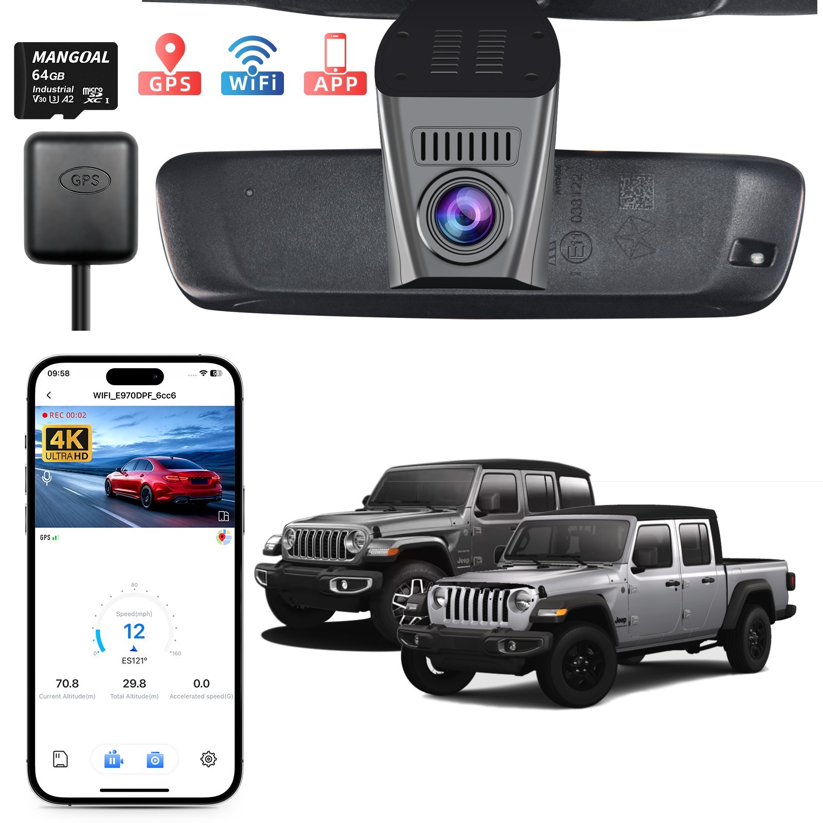 4K Dash Cam for Jeep Gladiator JT 2018-2023 & Wrangler JL 2018-2023 OEM Look GPS
