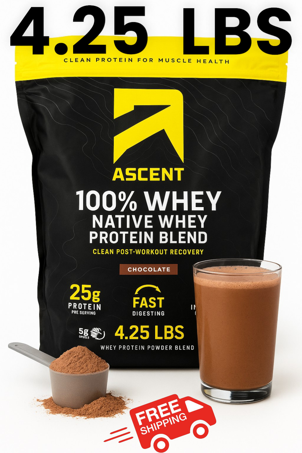 Ascent 100% Native Whey Protein Powder CHOCOLATE 4.25 LB 58 Servings PostWorkout