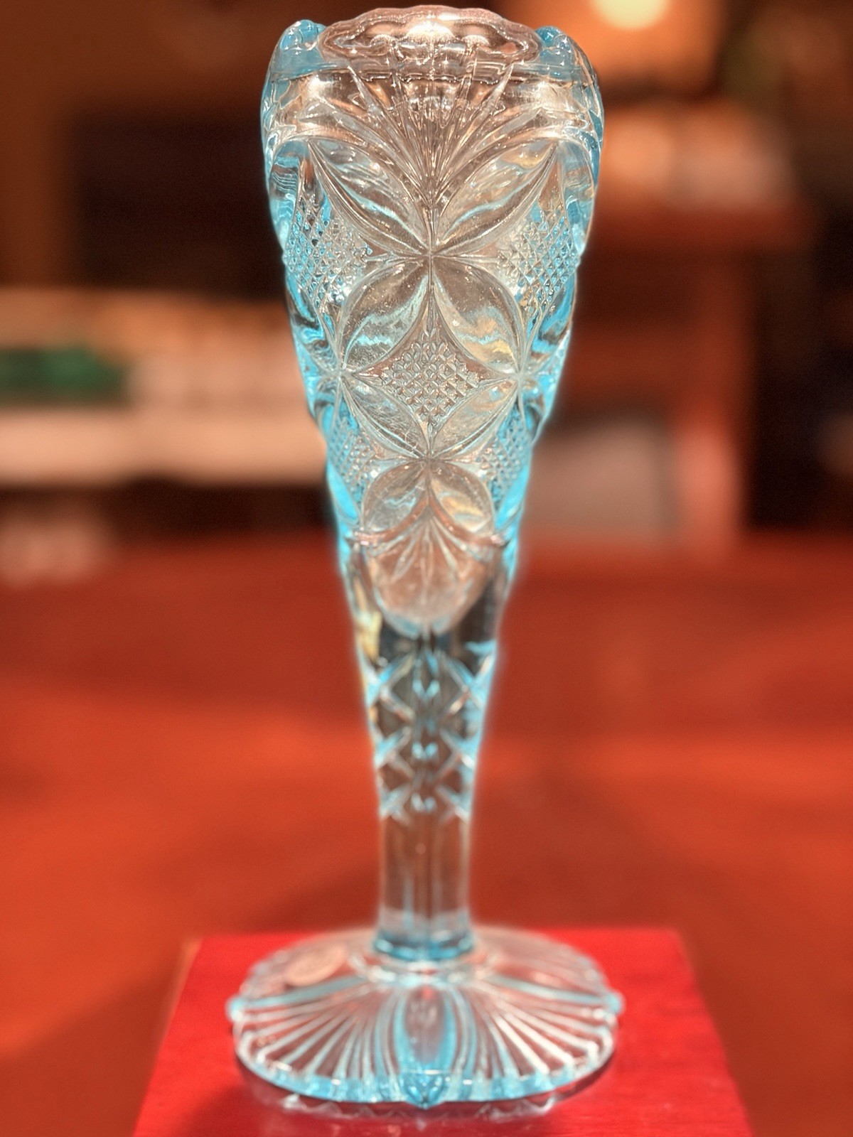 Vintage Fenton Aquamarine Blue Iridescent Sunburst Aztec Pinwheel Trumpet Vase