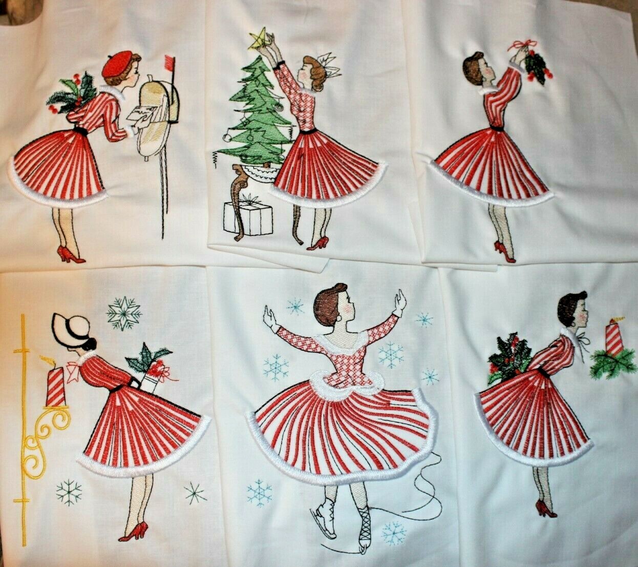 Christmas Retro Vintage Lady  12 QUILT Blocks Embroidered SET 1