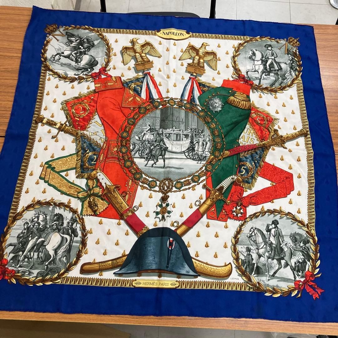 Hermes Carre 90 NAPOLEON Silk Scarf Blue White Orange very good Hermes Carre 90 NAPOLEON Silk Scarf Blue White Orange very good