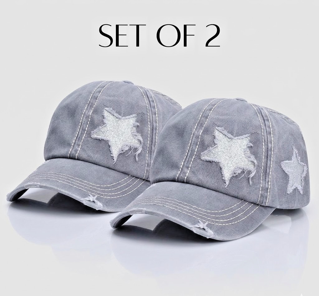 2PCS Distressed Baseball Cap Set Women Vintage Washed Cotton Star Dad Hat Lot
