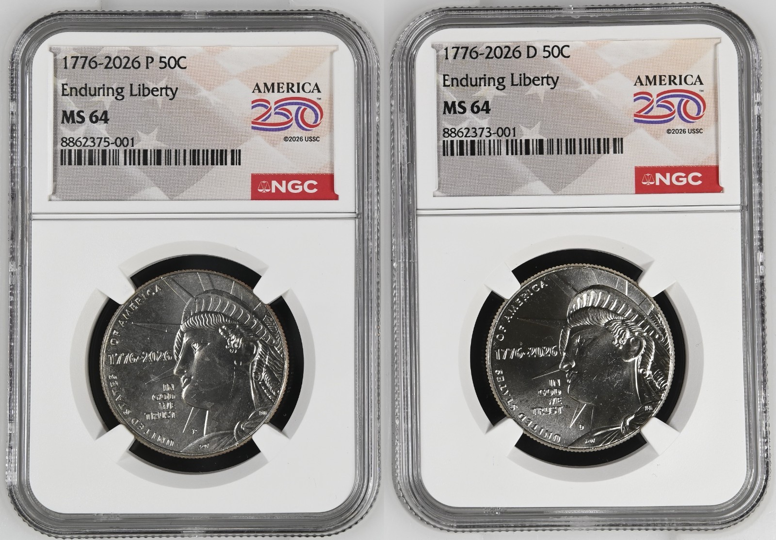 2026 P/D Enduring Liberty Half Dollar Set Graded NGC MS-64 w/ America 250 Label