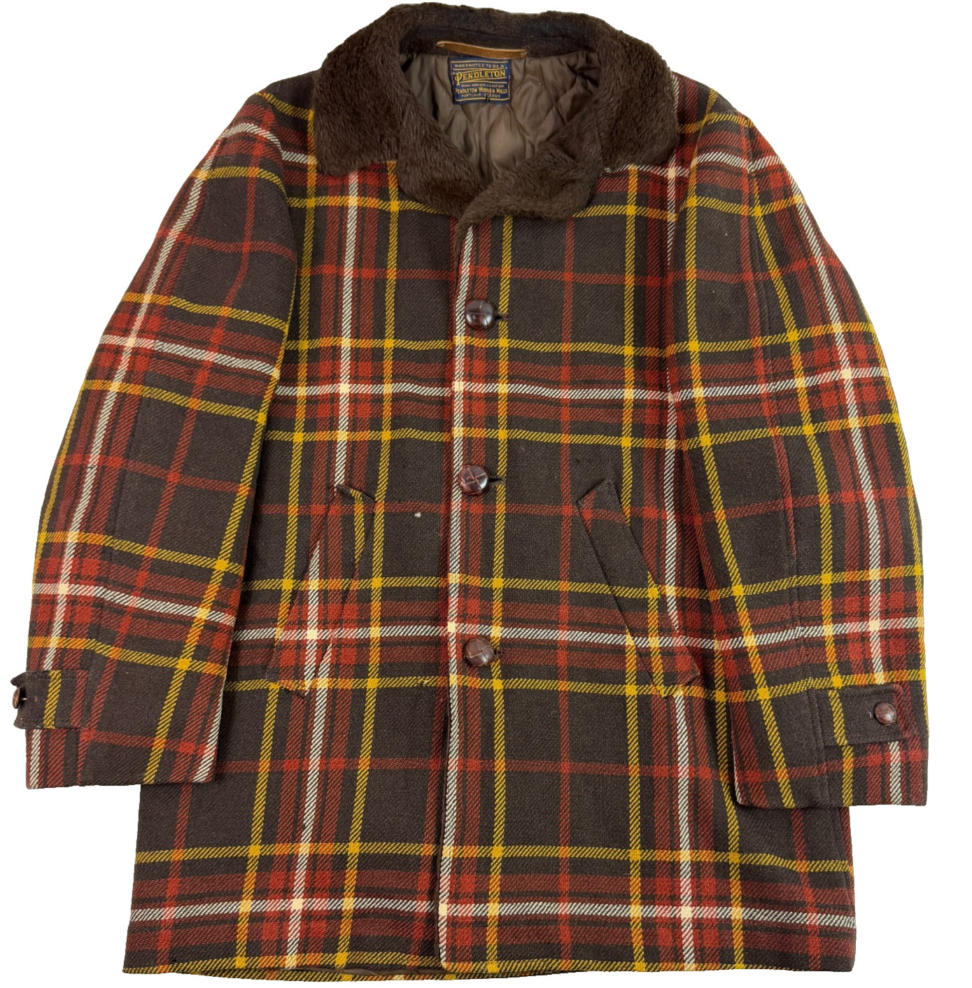 Vintage 50s Pendleton Wool Plaid Car Coat Mens XL Faux Fur Collar Brown Red Vintage 50s Pendleton Wool Plaid Car Coat Mens XL Faux Fur Collar Brown Red