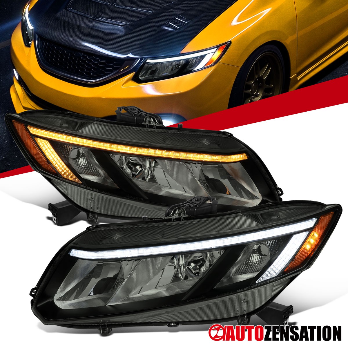 Smoke Fit 2012-2015 Honda Civic Sedan 12-13 Coupe Headlights LED Strip Headlamps Smoke Fit 2012-2015 Honda Civic Sedan 12-13 Coupe Headlights LED Strip Headlamps