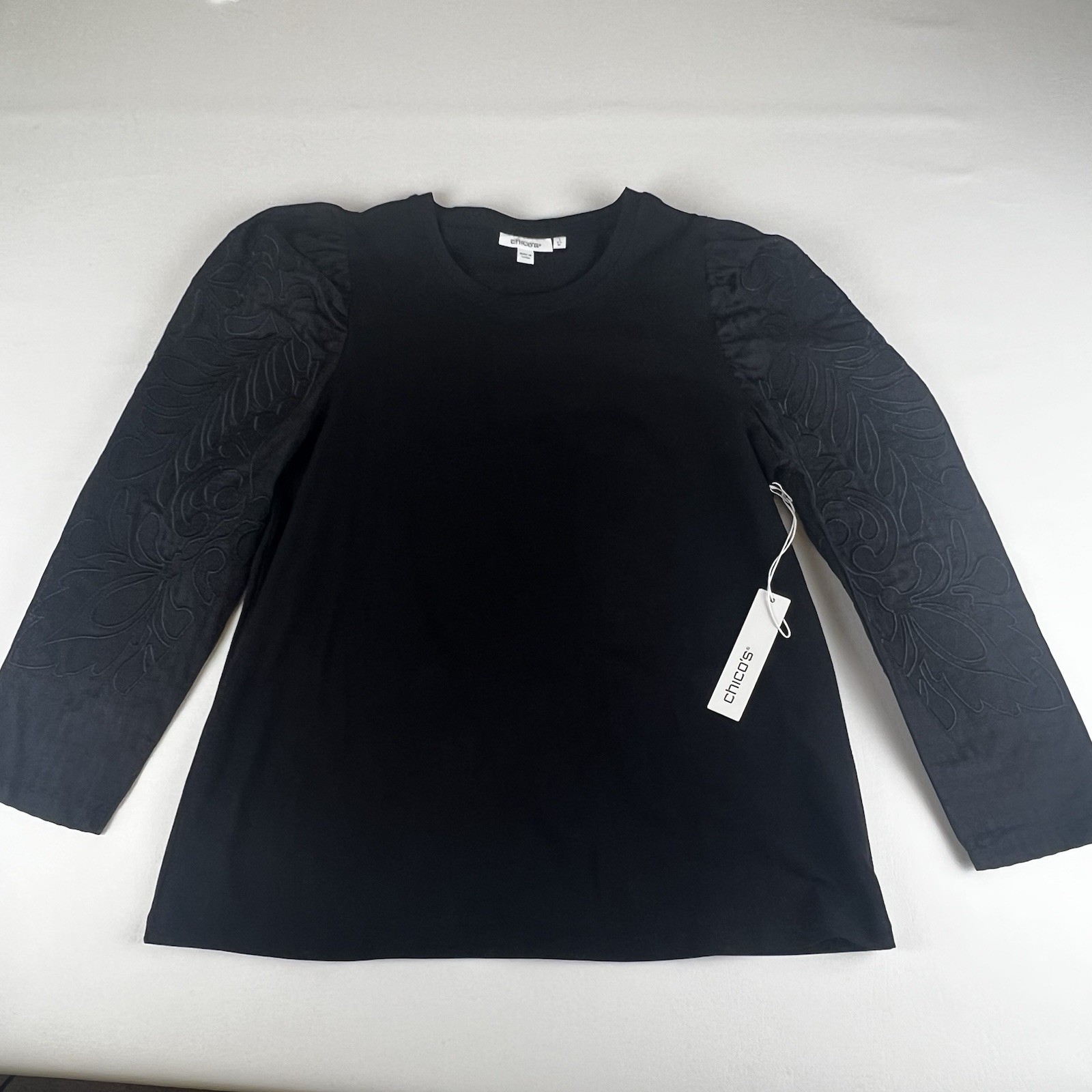 Chicos Women’s Long Puff Embroidery Sleeve Size Medium Black Chicos Women’s Long Puff Embroidery Sleeve Size Medium Black