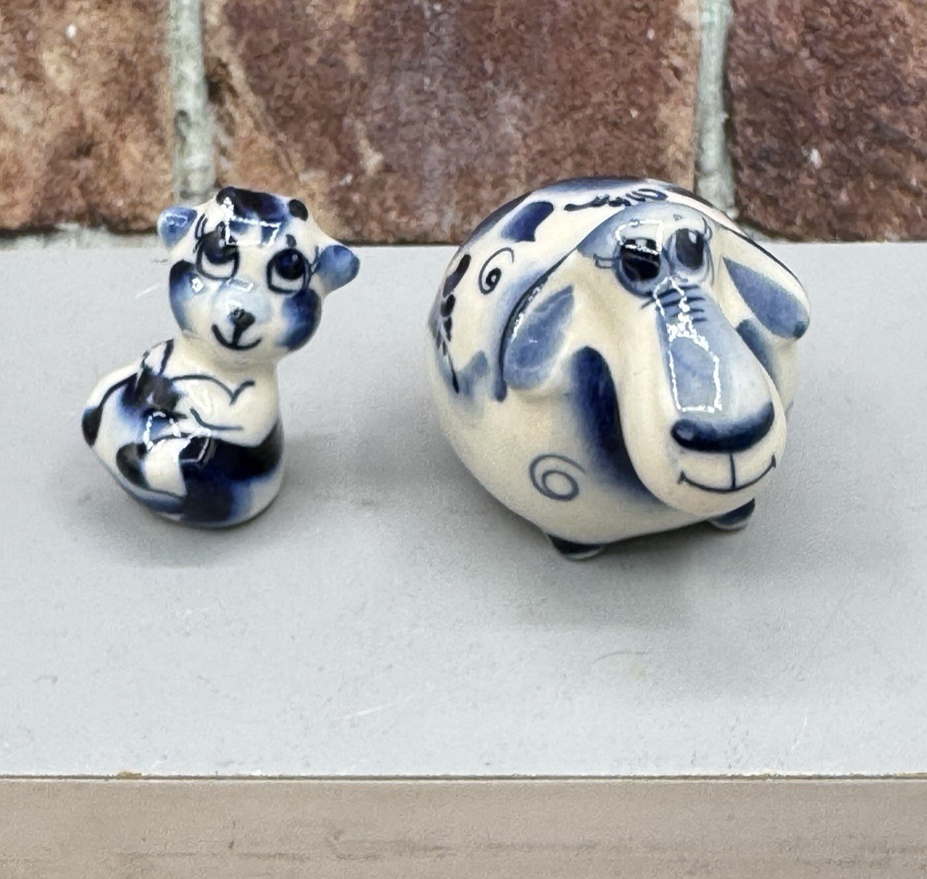 2 Gzhel-style Mini Figurines Cat Sheep Porcelain Handmade Russia Vintage Cobalt