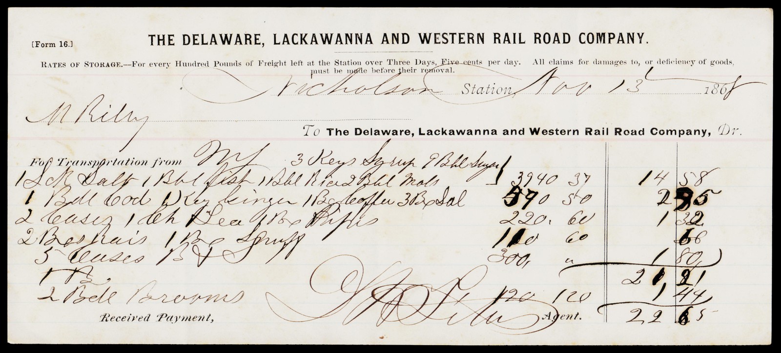 1868 Delaware Lackawanna and Western Railroad Nicholson PA Victorian Freight Rec 1868 Delaware Lackawanna and Western Railroad Nicholson PA Victorian Freight Rec