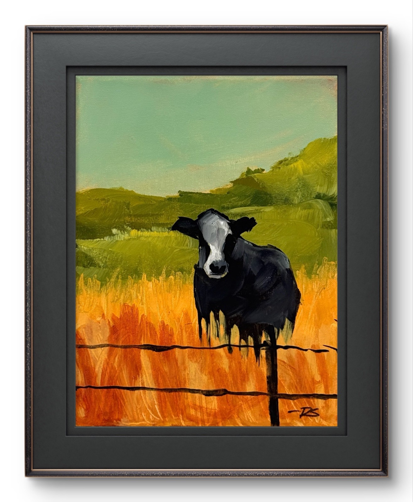 R Stevens Original 9x12 Impressionist Black Cow Pasture Fence Painting Signed
