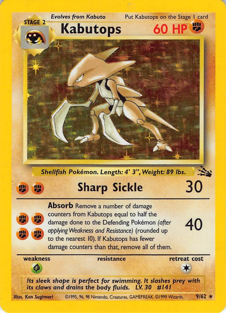 Kabutops 9/62 Rare Fossil Pokemon Unlimited Holo Lightly Played