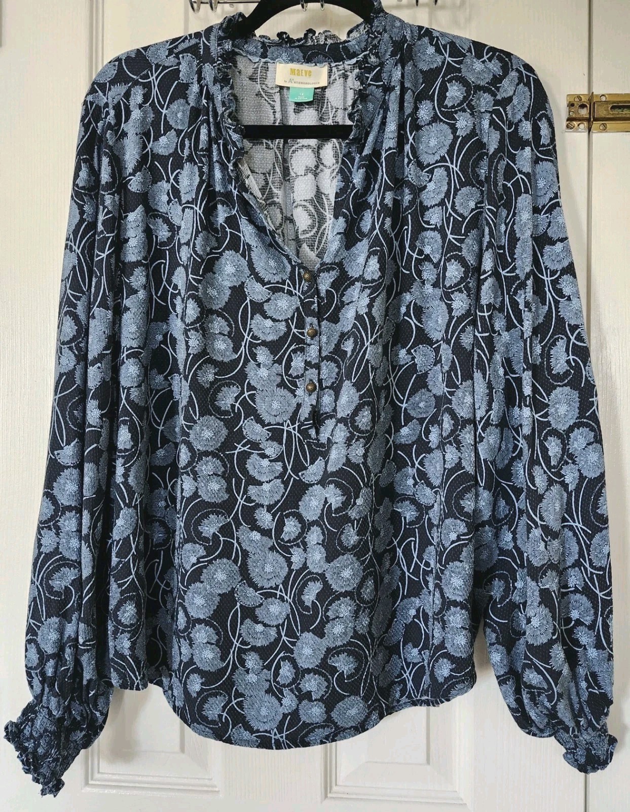 Maeve by Anthropologie Blue Floral Long Sleeve Colette Peasant Blouse Size 1X Maeve by Anthropologie Blue Floral Long Sleeve Colette Peasant Blouse Size 1X