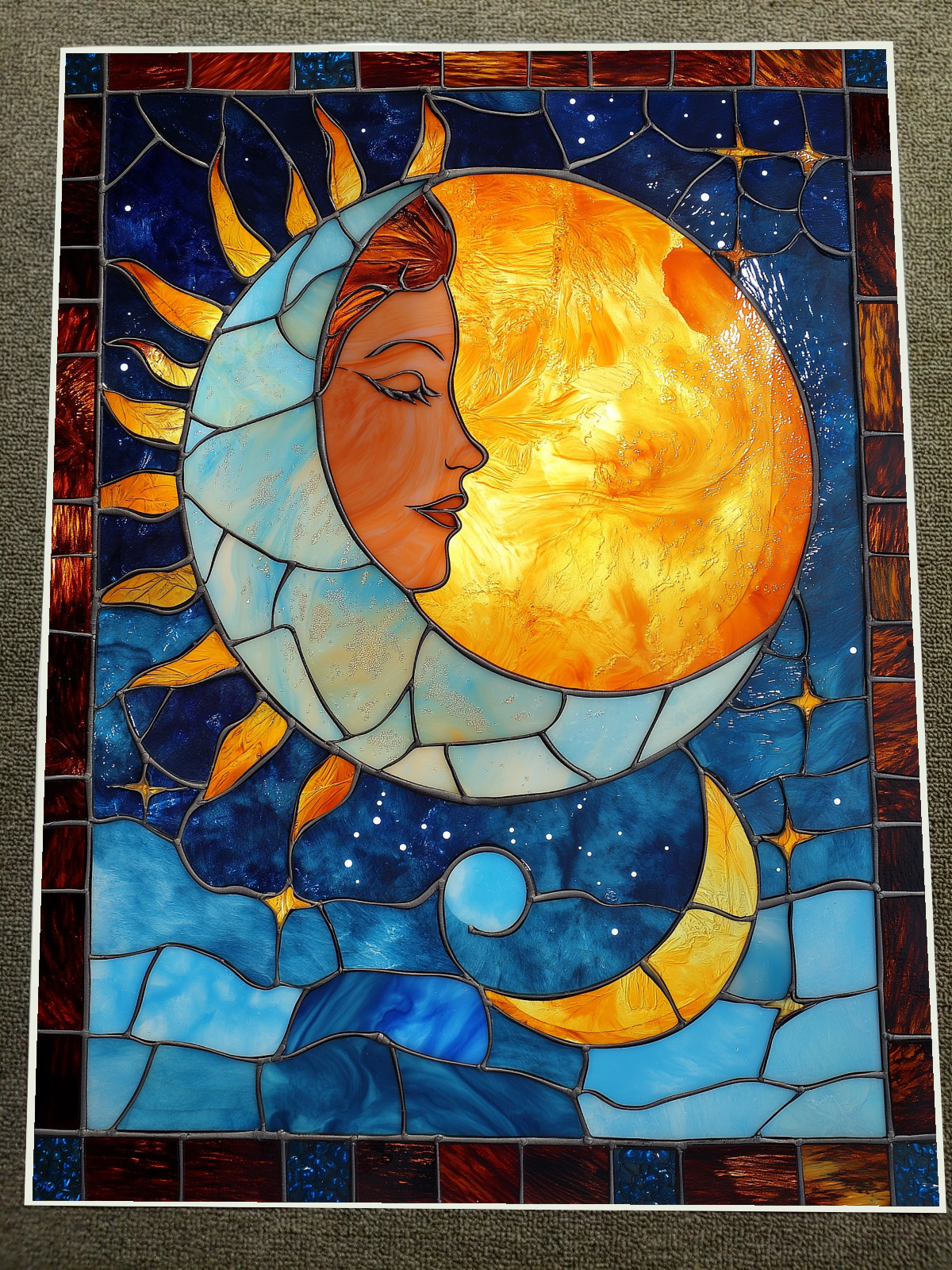Art Nouveau Style Stained Glass Depiction of Sun and Moon with Cosmic Design Pos Art Nouveau Style Stained Glass Depiction of Sun and Moon with Cosmic Design Pos