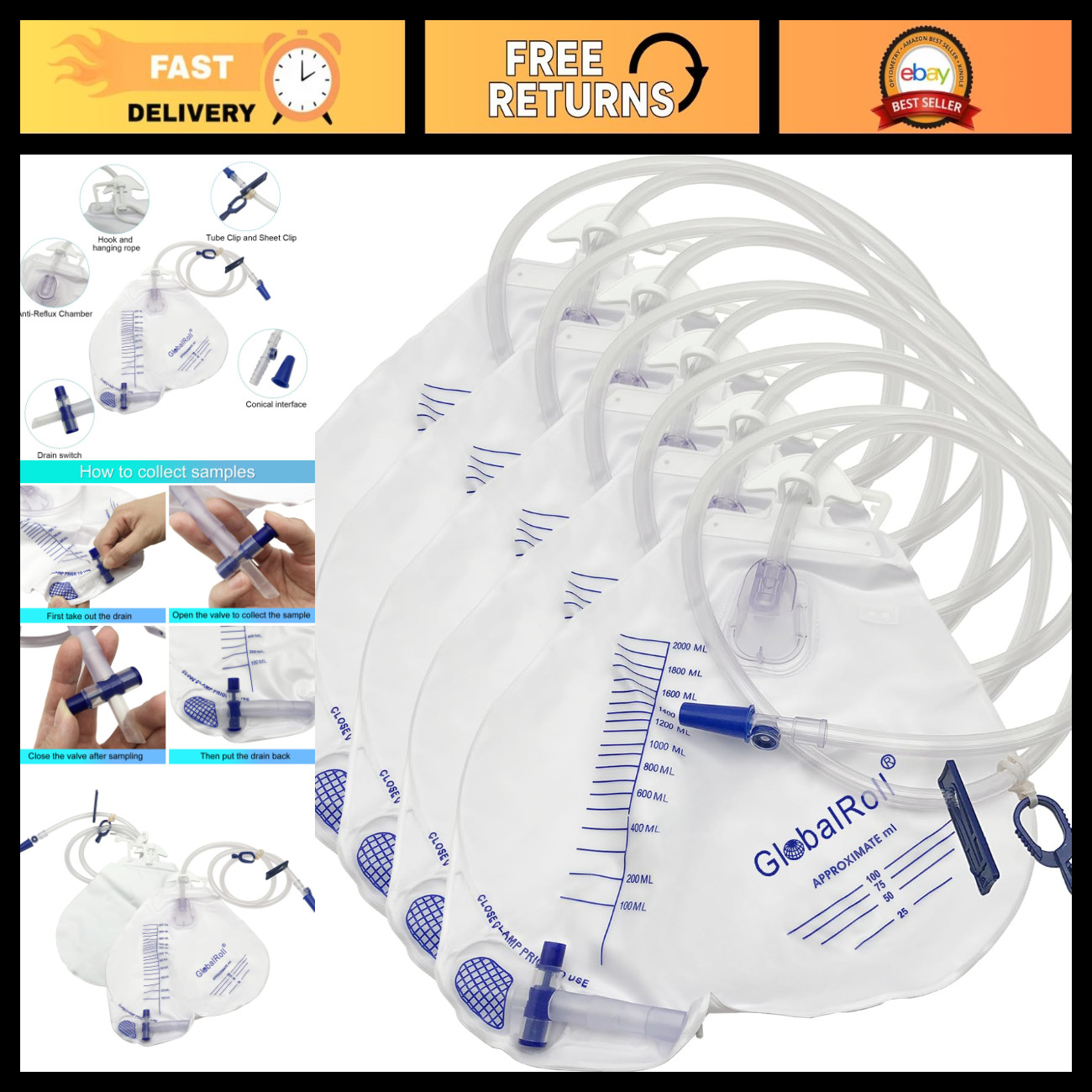 5 Pack Urinary Drainage Bags 2000mL with Anti-Reflux, 48\ 5 Pack Urinary Drainage Bags 2000mL with Anti-Reflux, 48\