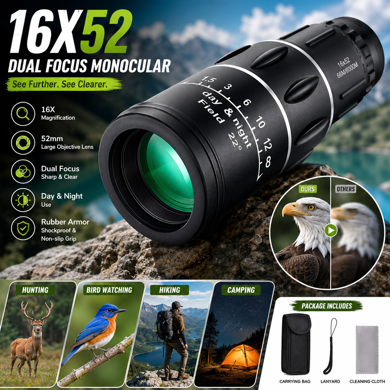16x52 Dual Focus Monocular Zoom Rubber Armored Telescope For Hunting / Camping 16x52 Dual Focus Monocular Zoom Rubber Armored Telescope For Hunting / Camping
