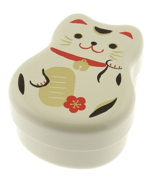 HAKOYA Japanese Tatsumiya Lunch Box, Maruko, 2-Tier Bento Box, White Maneki Cat