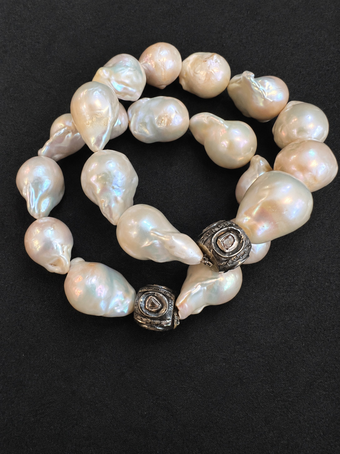2 Large Baroque Freshwater Pearl Sterling Silver Polki Diamond Bracelets
