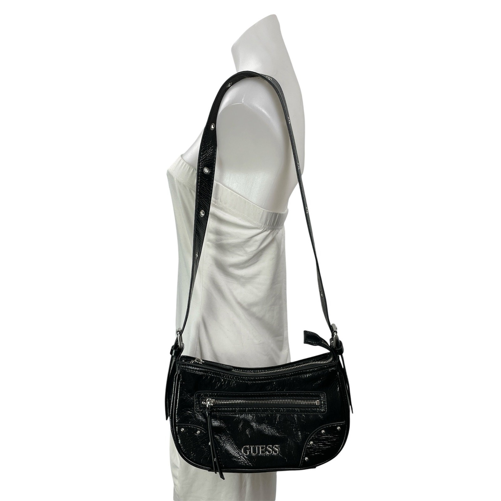 Guess Dementri Women\'s Black Faux Leather Vegan Studded Shoulder Bag Size OS Guess Dementri Women\'s Black Faux Leather Vegan Studded Shoulder Bag Size OS