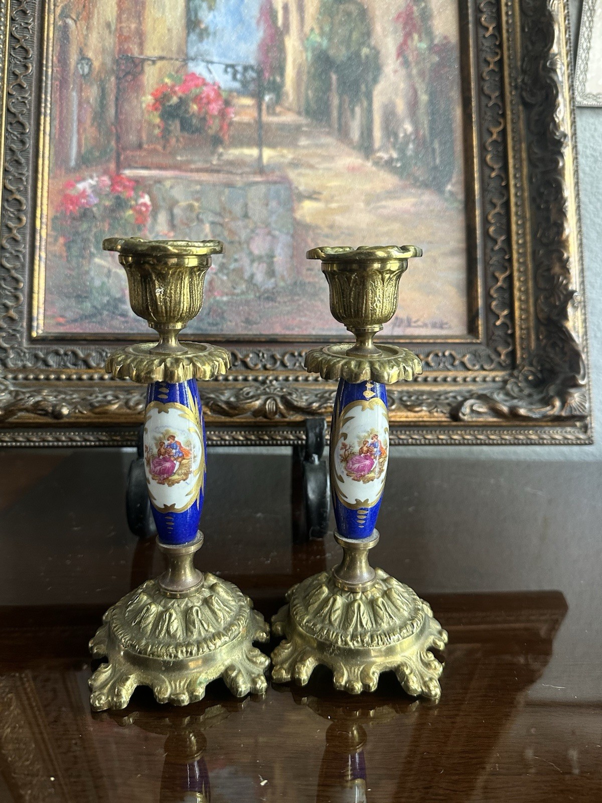 Pair of Beautiful French Sevres Style Portrait Porcelain Candlesticks Pair of Beautiful French Sevres Style Portrait Porcelain Candlesticks