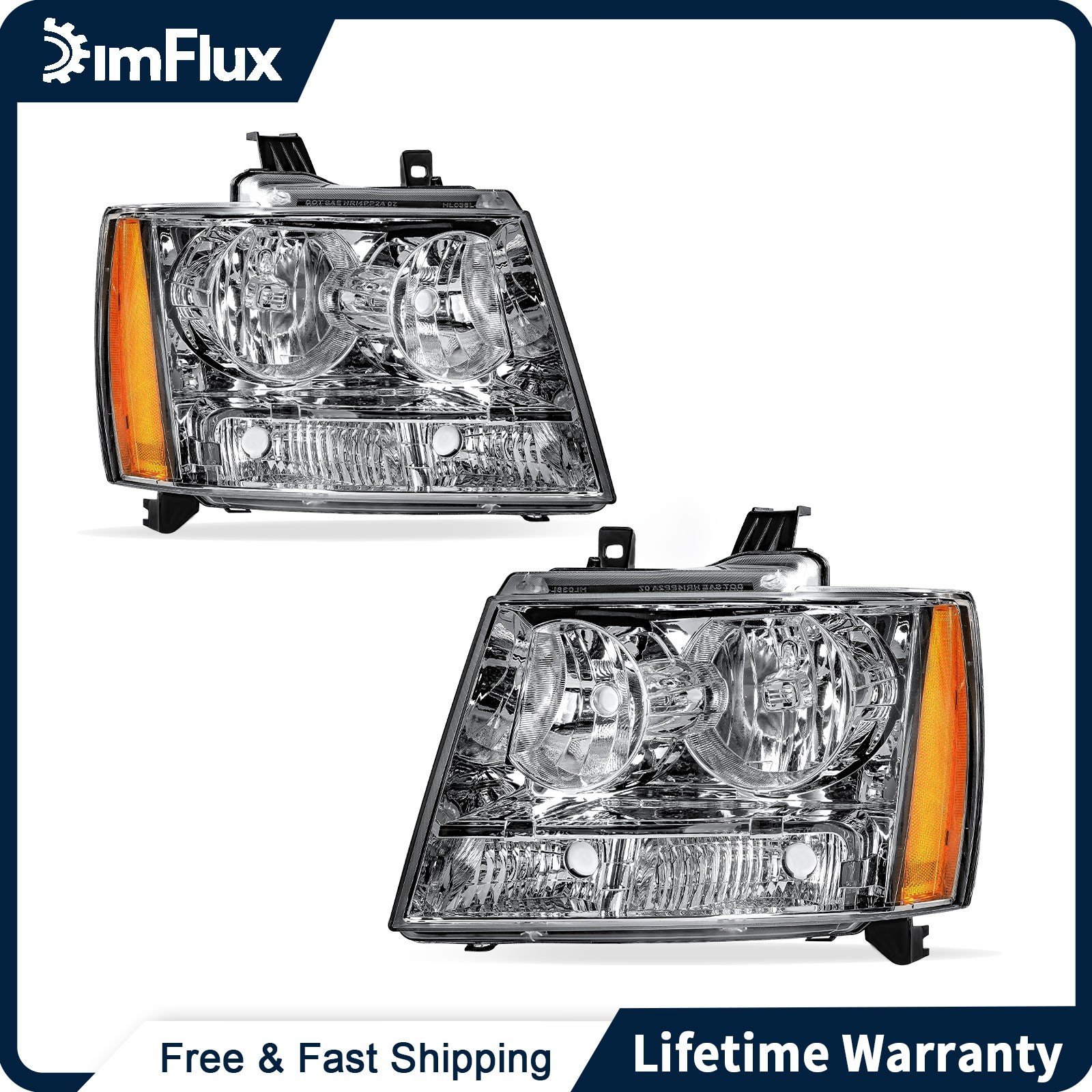 DimFlux  Headlights for 07-14 Tahoe Avalanche Suburban Chrome Housing  No Harnes