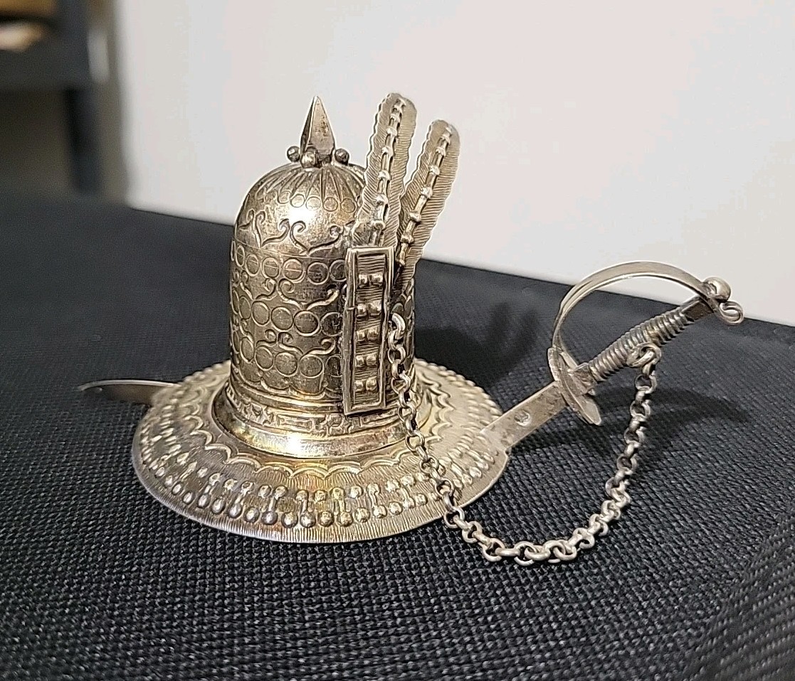 Antique 1895 Figural Chamberstick and Snuffer Helmet Saber Dutch 833 Silver Antique 1895 Figural Chamberstick and Snuffer Helmet Saber Dutch 833 Silver