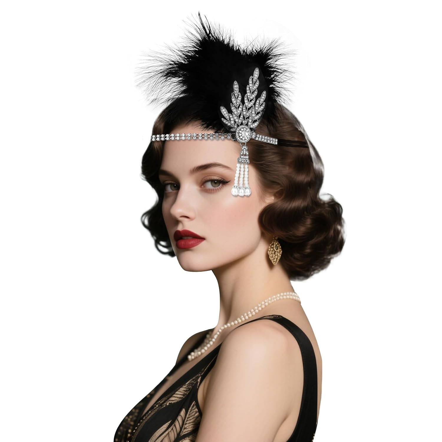 1920S Flapper Headpiece Gatsby Feather Headband Costume Black Sliver