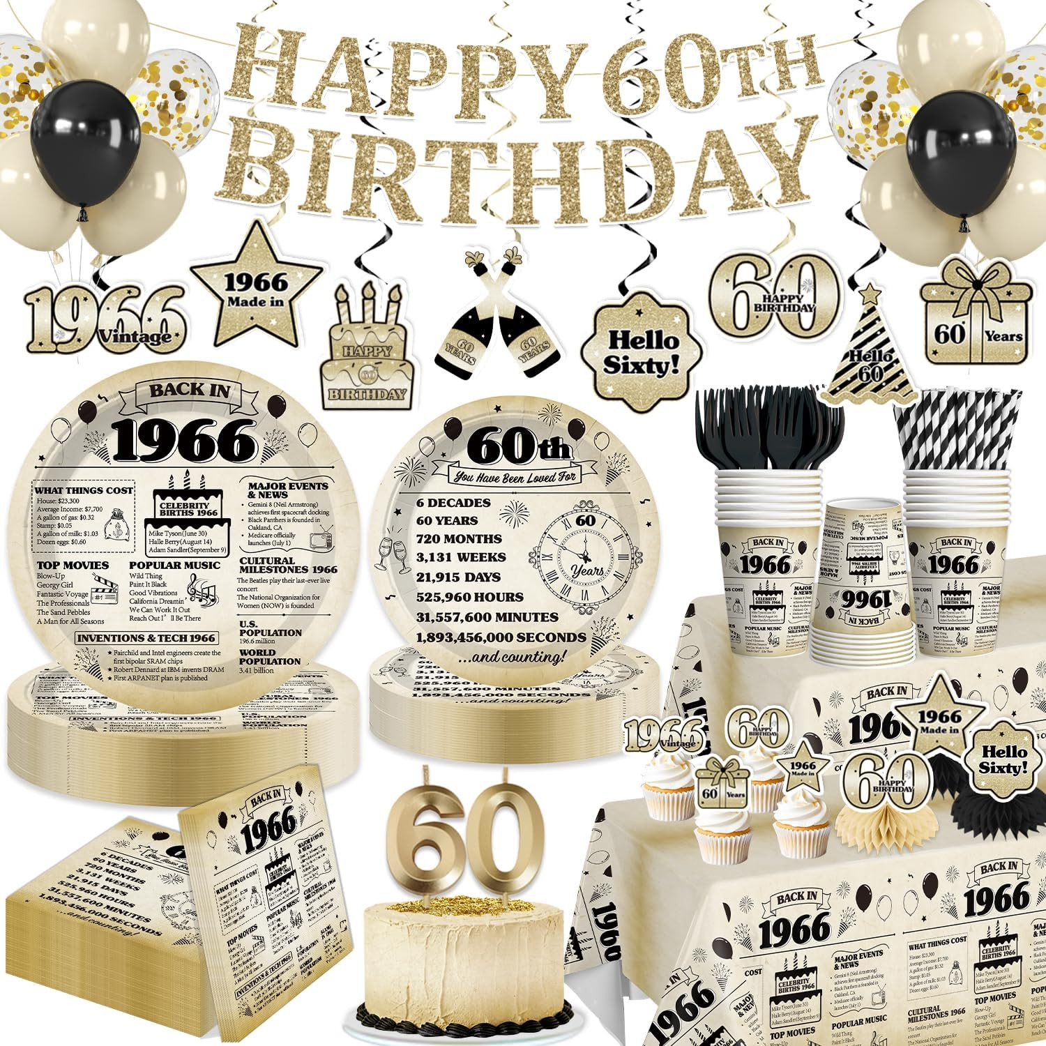 60Th Birthday Decorations for Men, 1966 Birthday Party Supplies | Happy 60Th Vin
