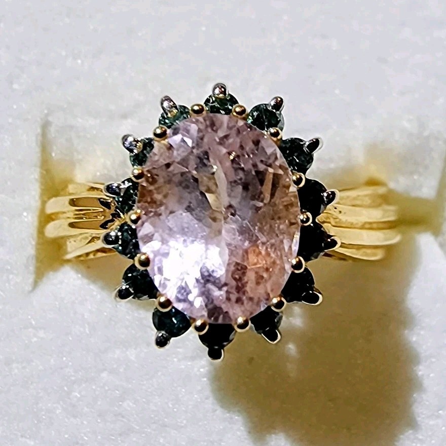 14K Gold Kunzite Blue Diamond Halo Ring Size 7.5 Fine Jewelry