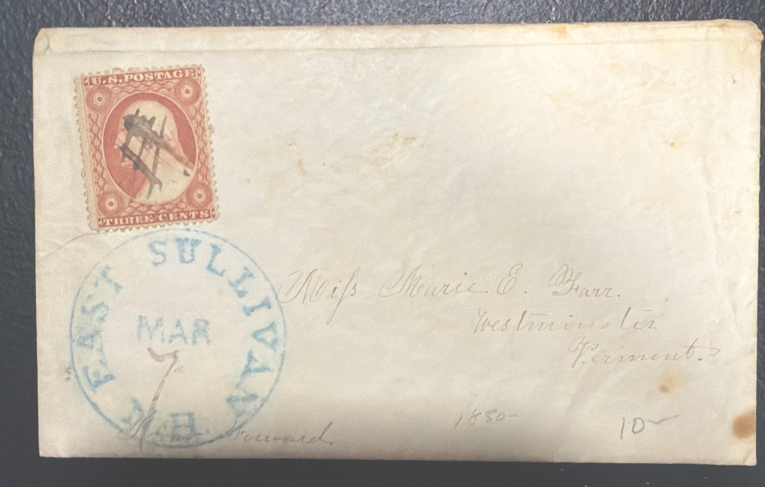1850\'s 3¢ tied - East Sullivan NH w/ Letter , Seems Rare - Stk121 1850\'s 3¢ tied - East Sullivan NH w/ Letter , Seems Rare - Stk121