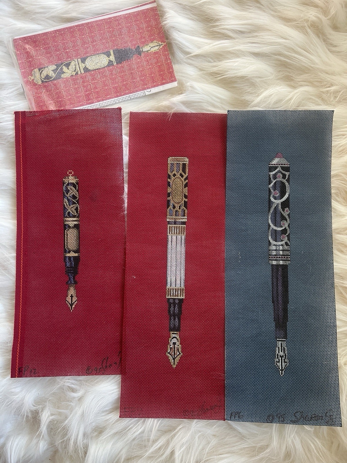 Vintage Sharon G Hand Painted Needlepoint Canvases Fountain Pen Trio Lot EGA