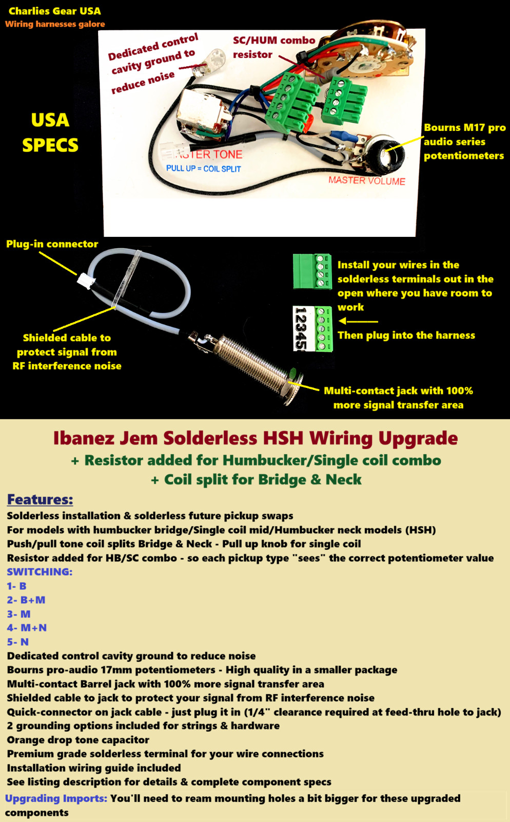 Ibanez Jem Solderless HSH Wiring Upgrade +HB/SC Balance resistor +Coil split B+N
