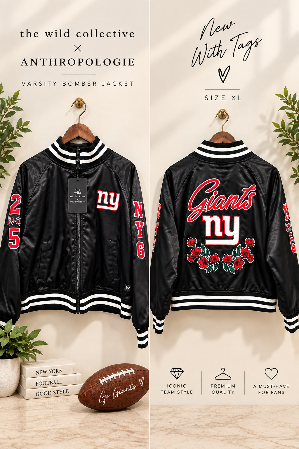 Anthropologie The Wild Collective NY Giants NFL Bomber Jacket Women’s XL NWT