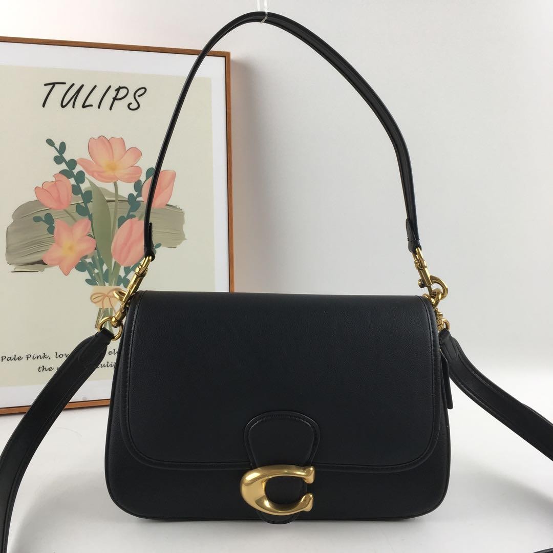 COACH C4823 Leather Soft Tabby Shoulder Bag 2 Way Crossbody Black With Charm NEW
