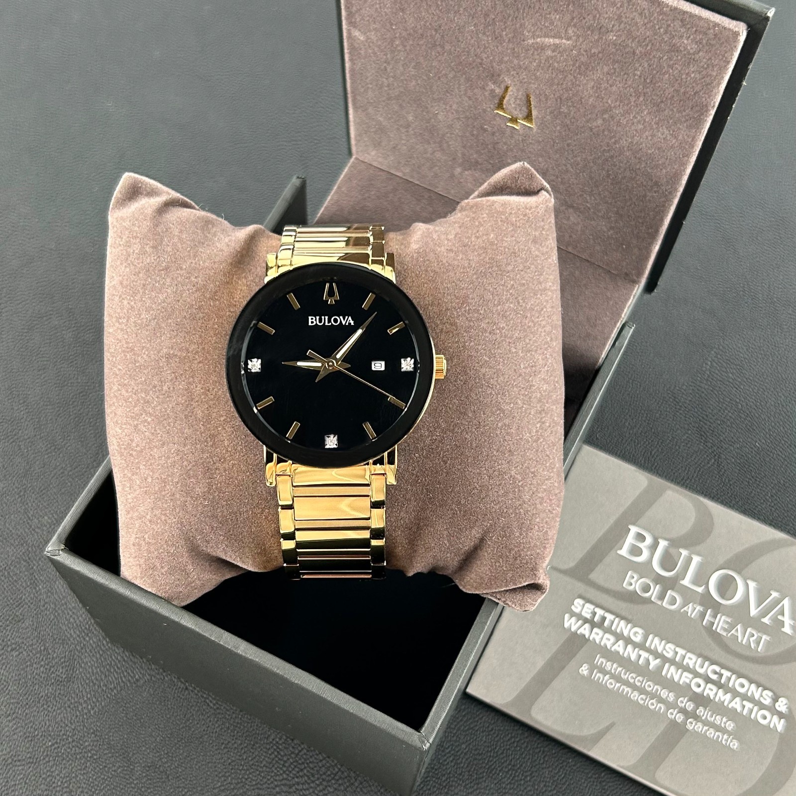 Bulova Modern Futuro Men's Quartz Watch Black Dial Gold Strap 42MM/97D116