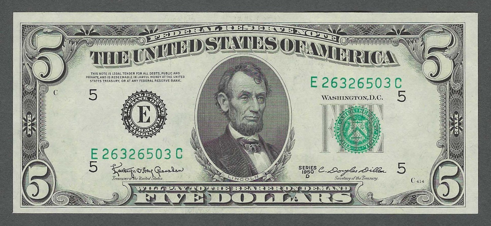 $5 1950D BETTER RICHMOND District BEAUTIFUL CRISP AU+ Federal Reserve Note $5 1950D BETTER RICHMOND District BEAUTIFUL CRISP AU+ Federal Reserve Note