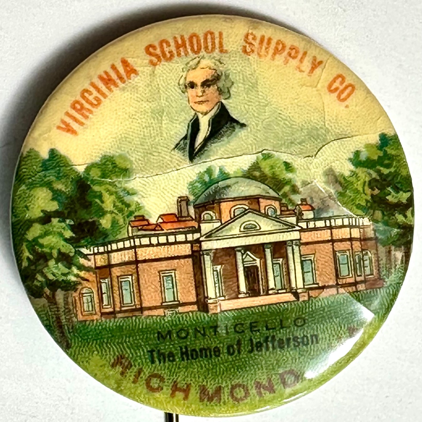 Virginia School Supply Co Richmond VA Monticello Thomas Jefferson Pinback Button
