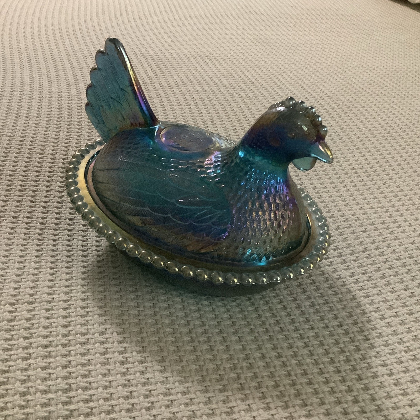 Vintage Carnival Glass Hen on Nest Covered Dish Blue Iridescent Indiana Glass Vintage Carnival Glass Hen on Nest Covered Dish Blue Iridescent Indiana Glass