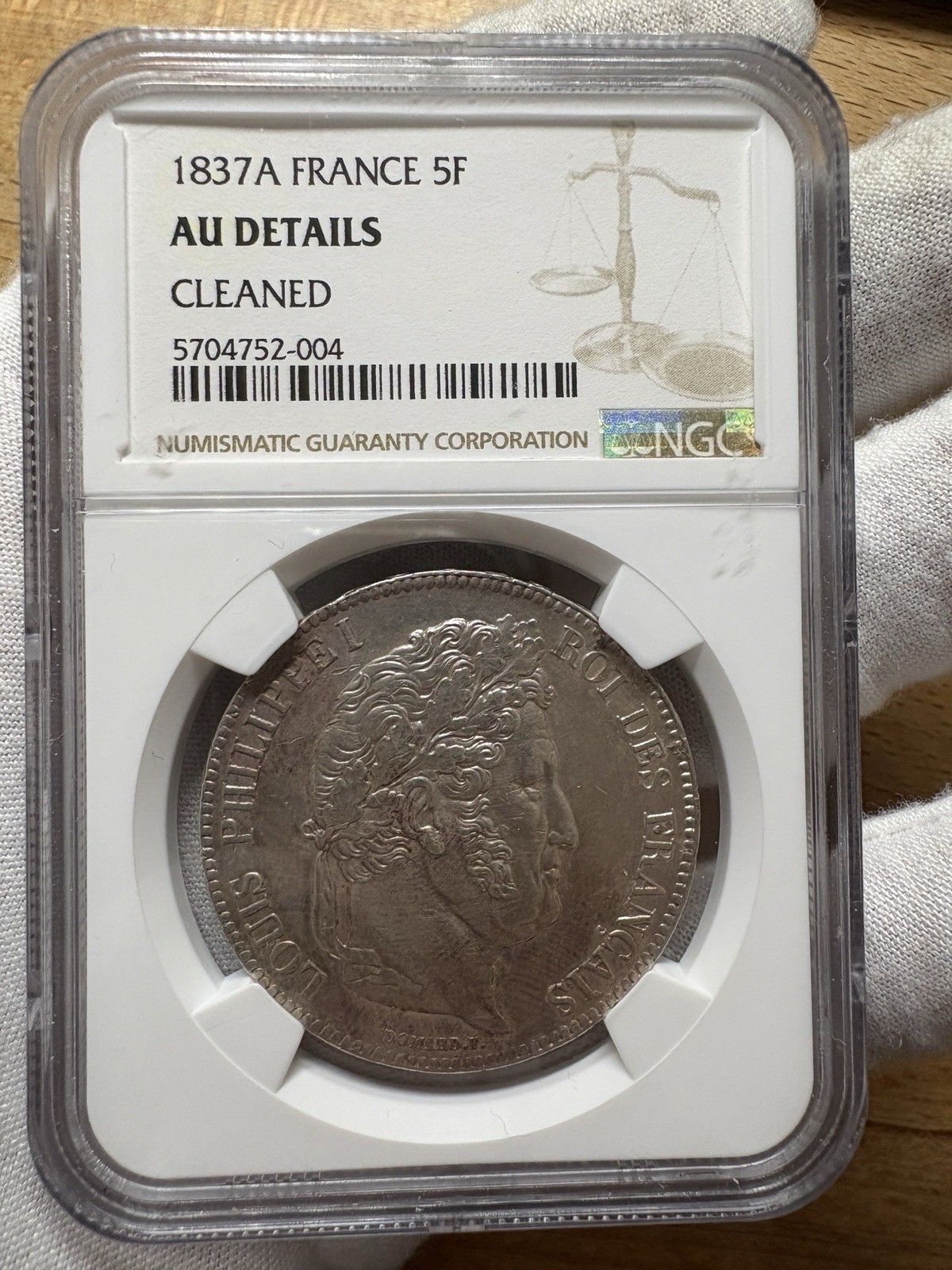 1837A France 5 Francs Louis Philippe I NGC AU Details Cleaned Silver Crown