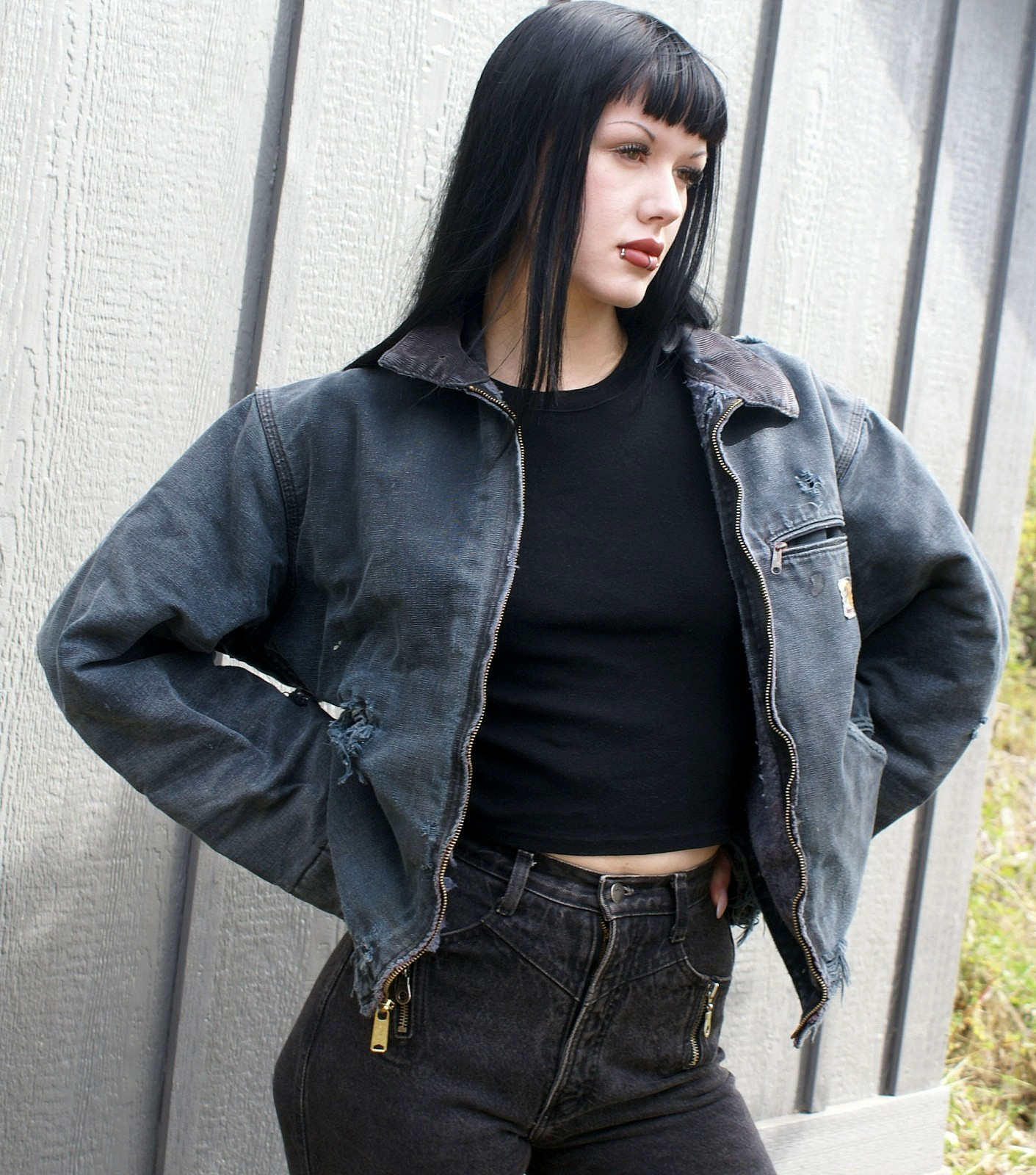Vtg Carhartt J001 BLK Detroit Blanket Lined Jacket Distress Thrashed USA Size L
