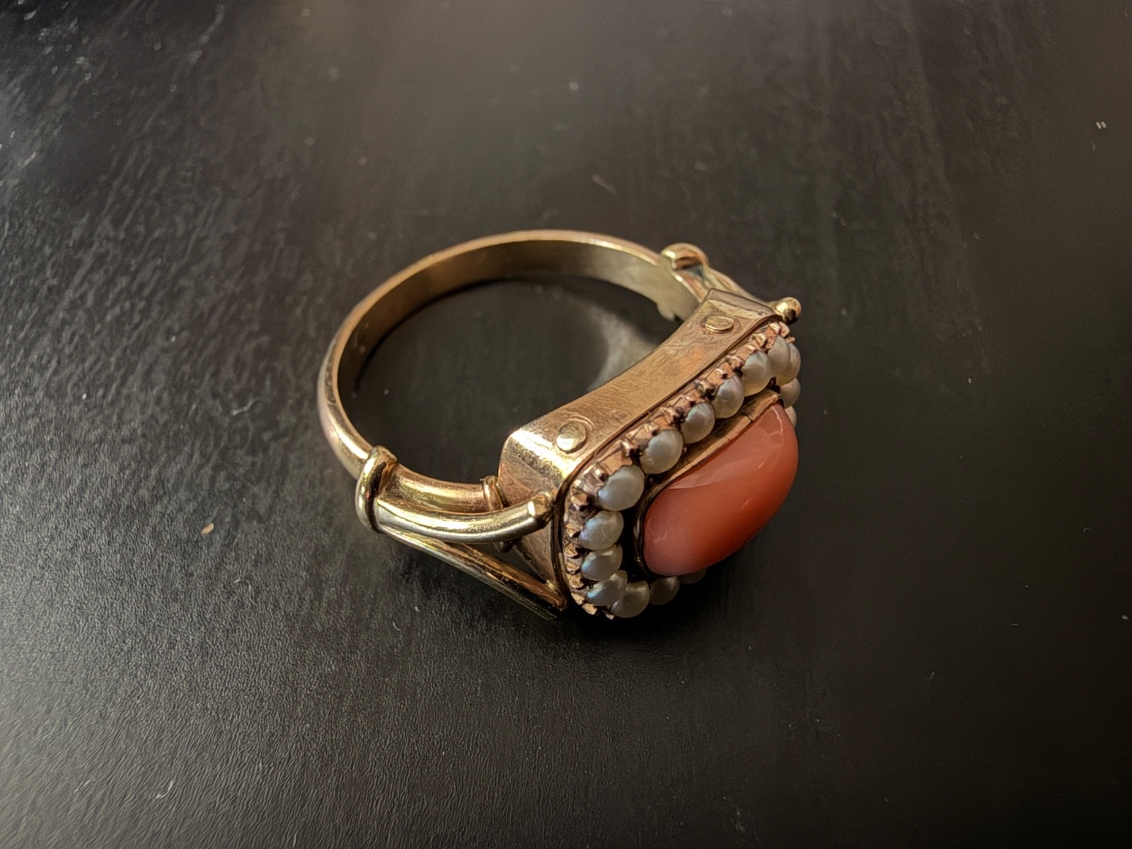 Pretty Antique Georgian Solid Gold Carnelian Cabochon Pearl Floral Ring 1800 S 8