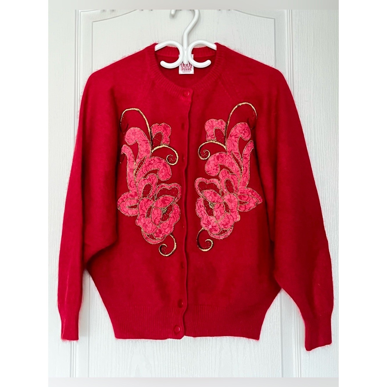 Vintage Gianfranco Ferre Studio 0001 Angora Lace Cardigan Red Batwing Italy L