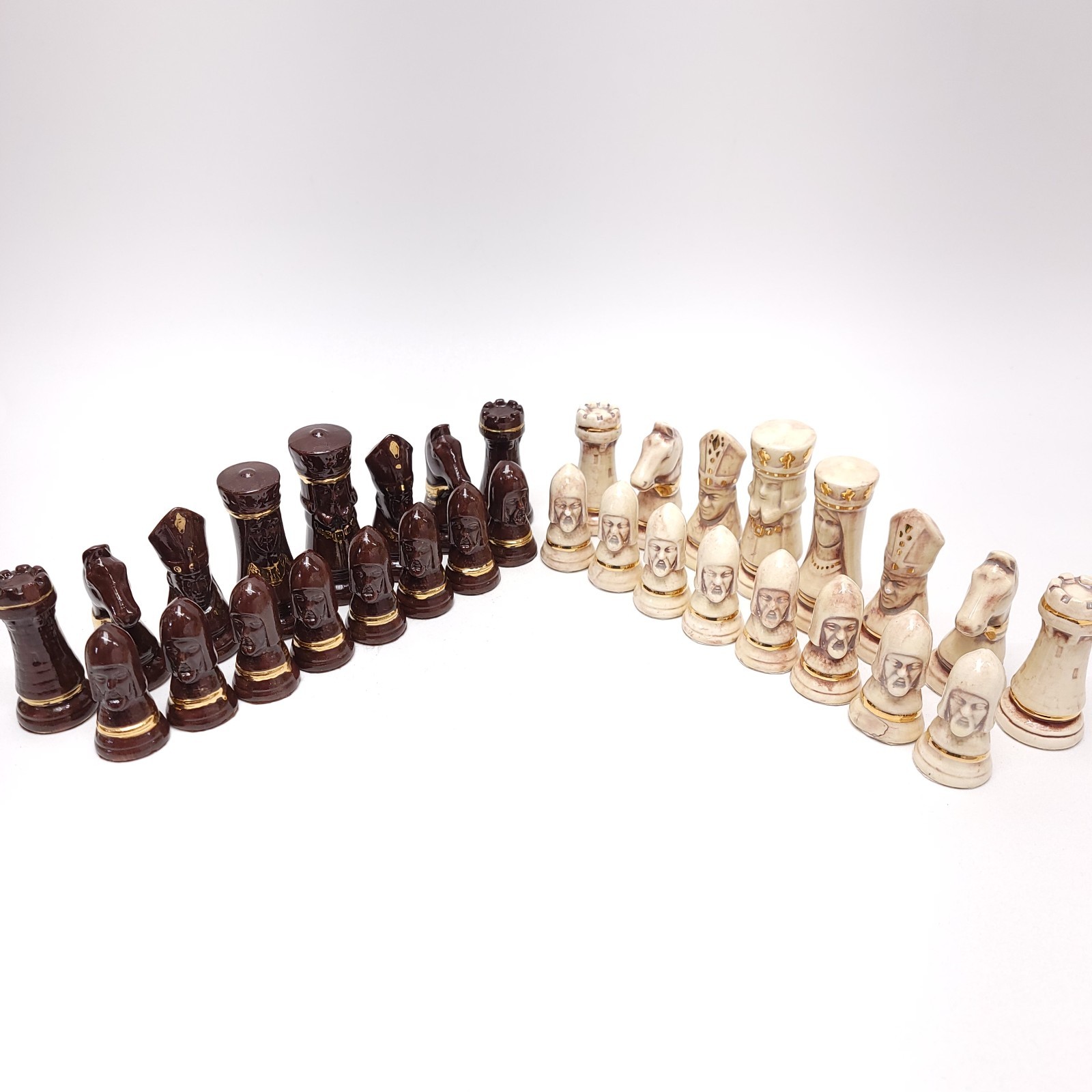 Vintage Glazed Porcelain Ceramic Chess Pieces Set 32 Ornate Felt Bottom Vintage Glazed Porcelain Ceramic Chess Pieces Set 32 Ornate Felt Bottom