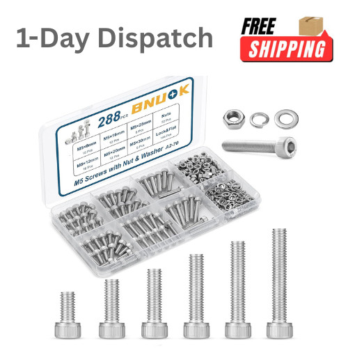 BNUOK 288PCS M5 Screws Assortment Kit 304 Stainless Steel Bolts Nuts Set